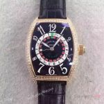 Franck Muller Vegas Replica watch Rose Gold Black Leather strap
